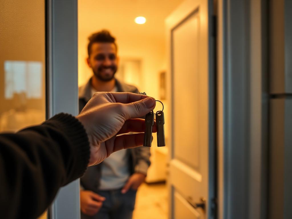 Entrega de llaves a un inquilino en la puerta de su departamento