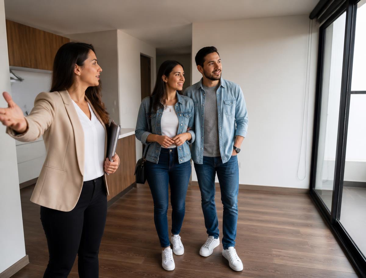 Pareja joven recorriendo un departamento con una asesora inmobiliaria