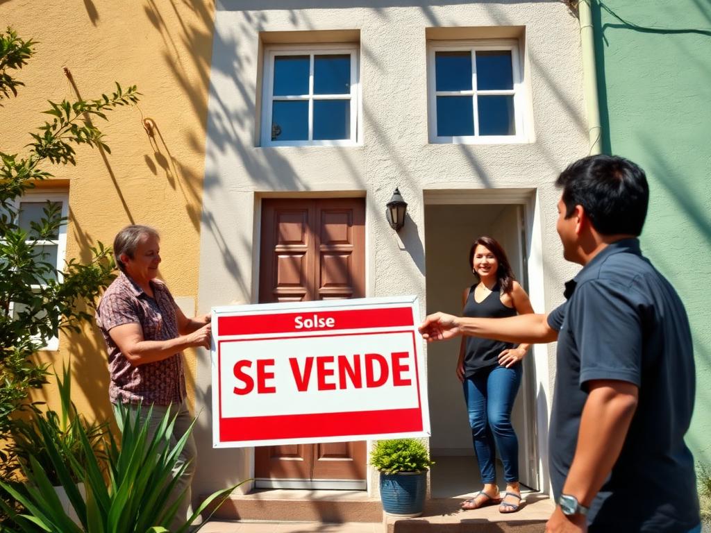 Asesor colocando un letrero de Se Vende frente a una casa con sus propietarios