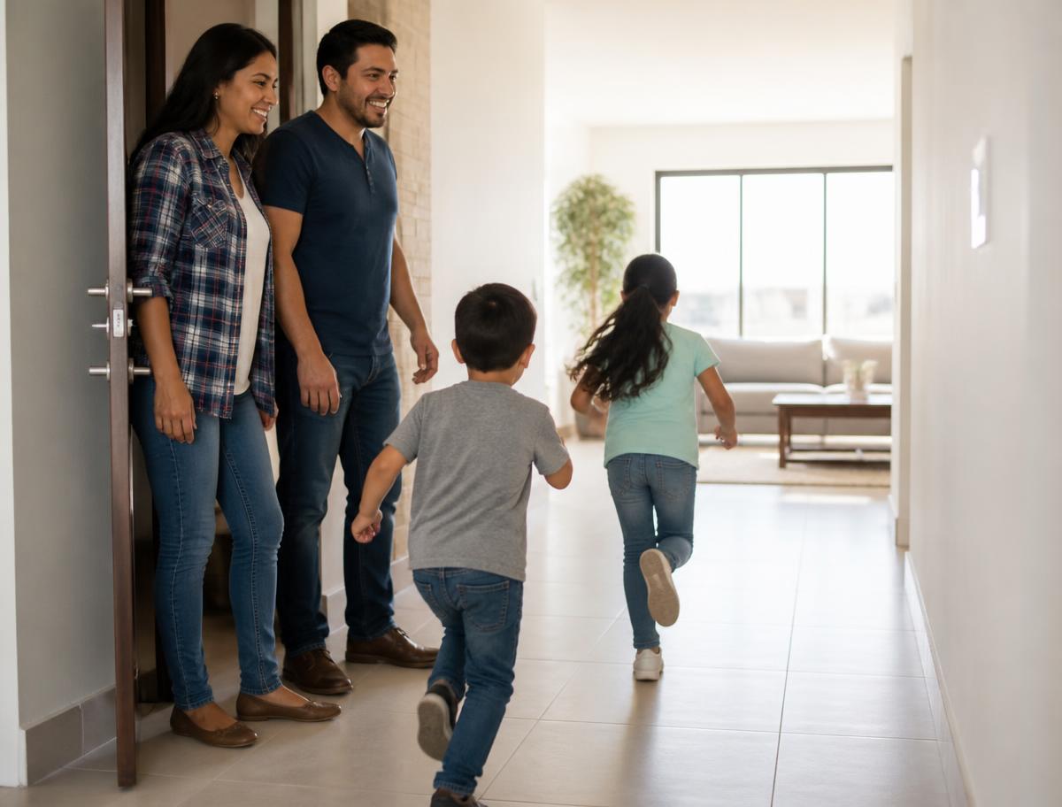 Familia con dos hijos visitando una casa iluminada