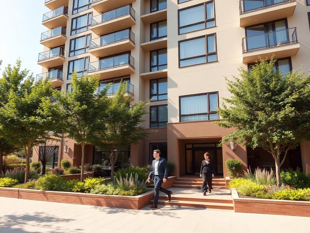 Edificio de condominios con áreas verdes bien mantenidas